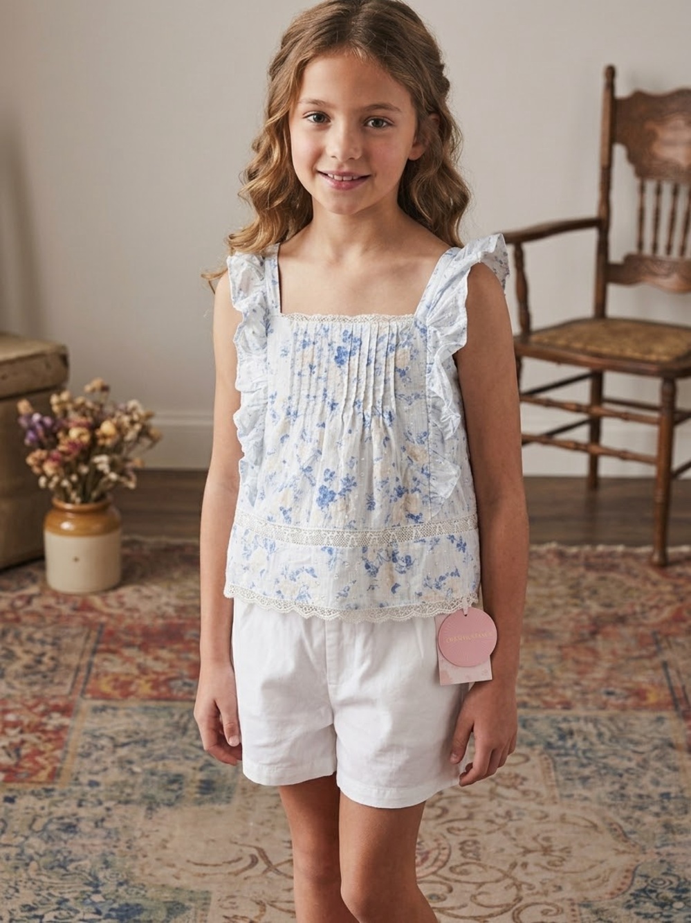 LoveShackFancy Girls Blue and White Floral Ruffle Smocked Tank